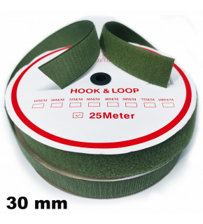 Pásik so suchým zipsom, set háčika a slučky, farba khaki 30 mm, balenie 25 m