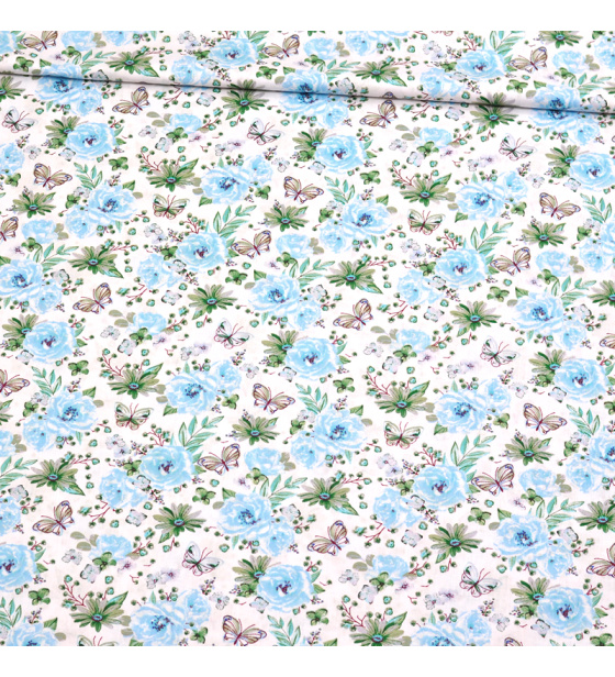 Dekorační dětská bavlněná látka vzor kytičky malé Růže modré na bílém