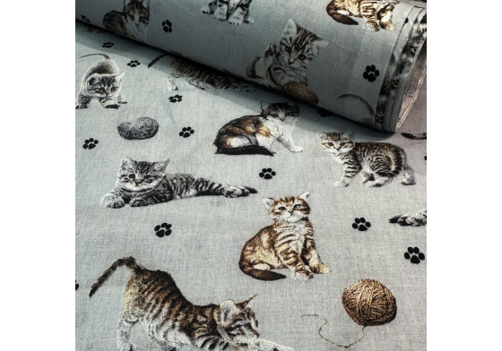 Bavlněná látka, metráž. Kočky a klubko na Sv.Šedém