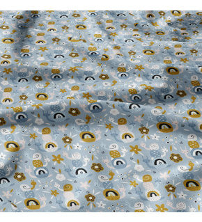 Bavlnená látka vzor Slimáky hnedé na modrom podklade, metráž 160 cm 