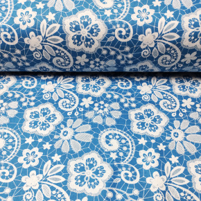 Bavlnená látka vzor krajka biele na modrém podklade, metráž 160 cm   