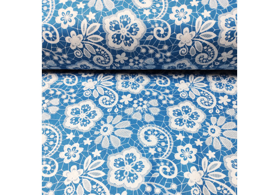 Dekorační dětská bavlněná látka vzor Krajka na modrém