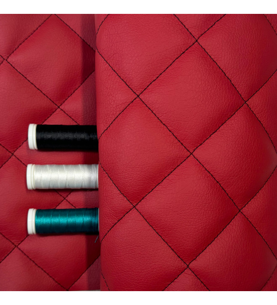 Ekokůže 5x5 barva Červená prošívaná Černými nitěmi, metráž, 145 cm