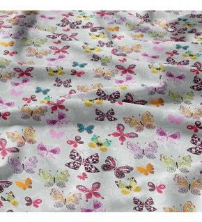  Bavlnená látka 22, vzor motýlikovia new na šedom podklade, metráž 160 cm        