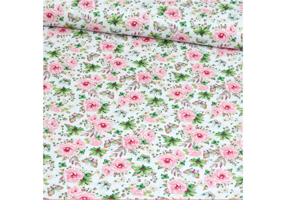 Dekorační dětská bavlněná látka vzor kytičky malé Růže na bílém