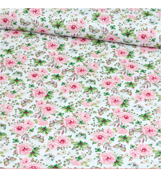 Dekorační dětská bavlněná látka vzor kytičky malé Růže na bílém