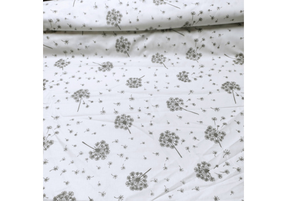 Dekorační dětská bavlněná látka vzor Pampeliška šedé  na bílém