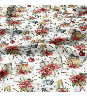 Vianočný vzor bavlnenej látky Lampa a Poháre na Bielom, metráž 160 cm