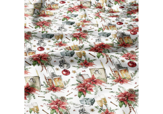 Vianočný vzor bavlnenej látky Lampa a Poháre na Bielom, metráž 160 cm