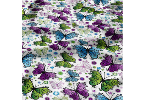  Bavlnená látka 448, vzor motýlikovia leto, farba biela, metráž 160 cm          