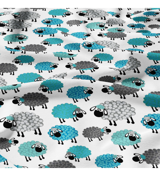 Bavlněné látky, metráž. Ovečky Tyrkysové na Bílém 