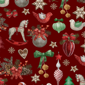 Vianočný vzor bavlnenej látky Kone na červenom, metráž 160 cm 