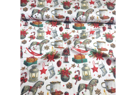 Vánoční bavlněná látka, metráž, šíře 160 cm, Vánoční motiv na Bílém