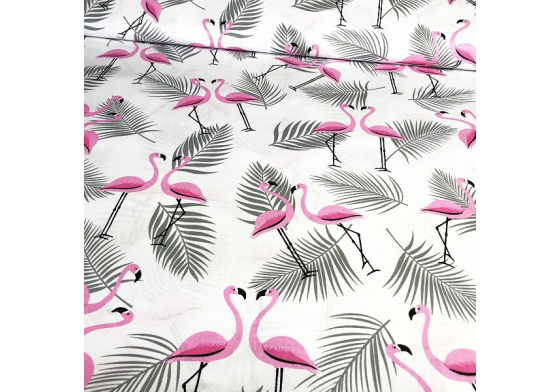  Bavlnená látka, detský vzor plameniak a šedé listy, metráž 160 cm        