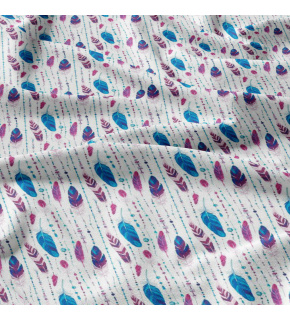 Bavlnená látka vzor tyrkysovo-amarantové pierka, metráž 160 cm  