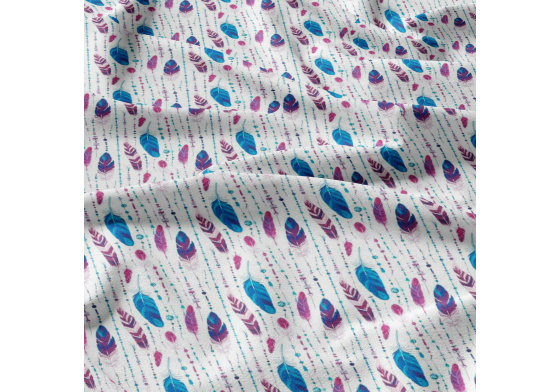 Bavlnená látka vzor tyrkysovo-amarantové pierka, metráž 160 cm  