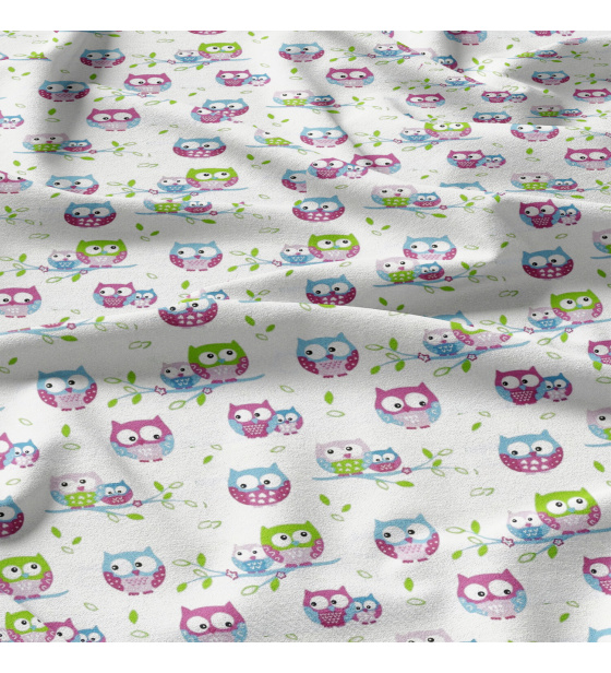 Bavlněné látky, metráž. Sovy Růžové na Bílém 