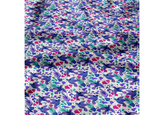  Bavlnená látka 341, vzor vtáky vesna na bielom podklade, metráž 160 cm       