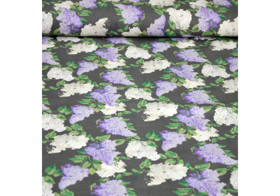 Dekorační dětská bavlněná látka vzor Větve šeříká šedé  na šedém