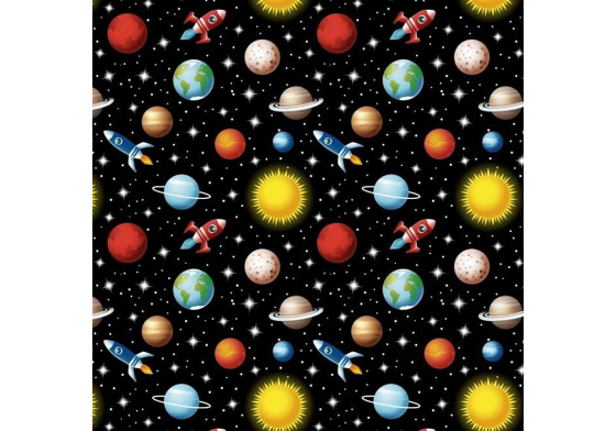 Bavlnená látka vzor kosmos, Černý podklad, metráž 160 cm