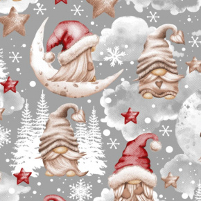 Vianočný vzor bavlnenej látky Škriatok na šedom, metráž 160 cm